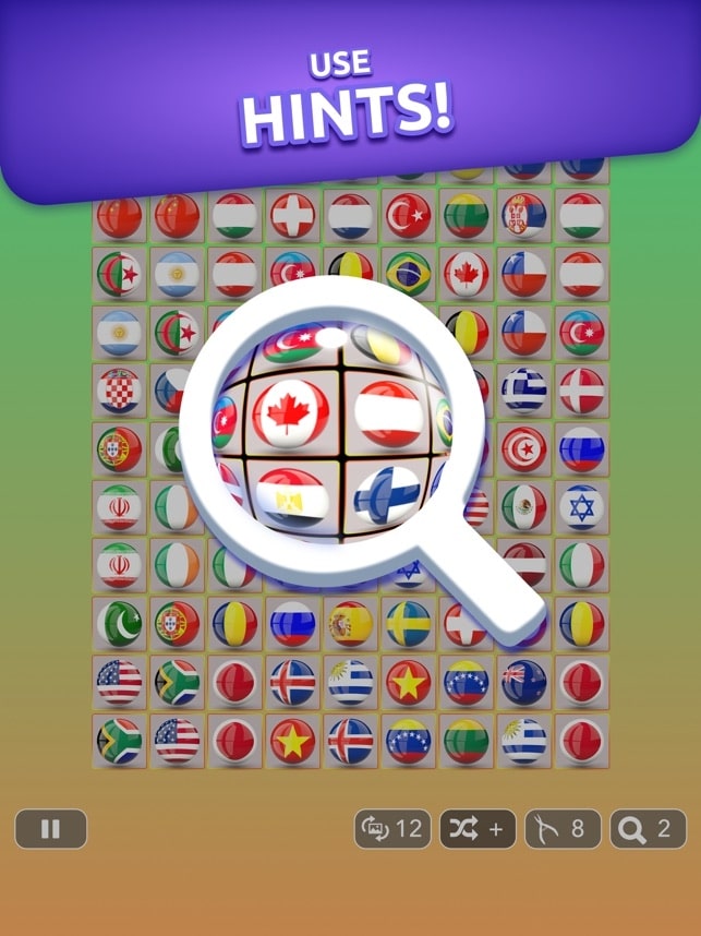 graphic detailing the hints feature in Onnect Pair Matching Puzzle, emphasizing how players can use it during gameplay